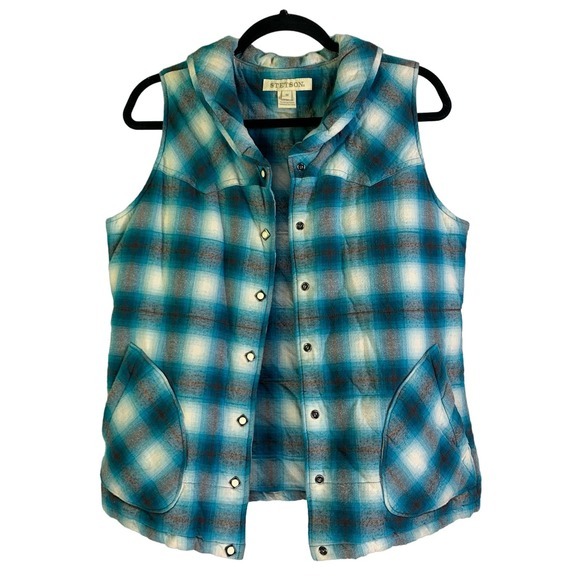 STETSON Western Cowboy‎ Cowgirl Plaid Pearl Snap Puffer Vest Jacket - Picture 9 of 14